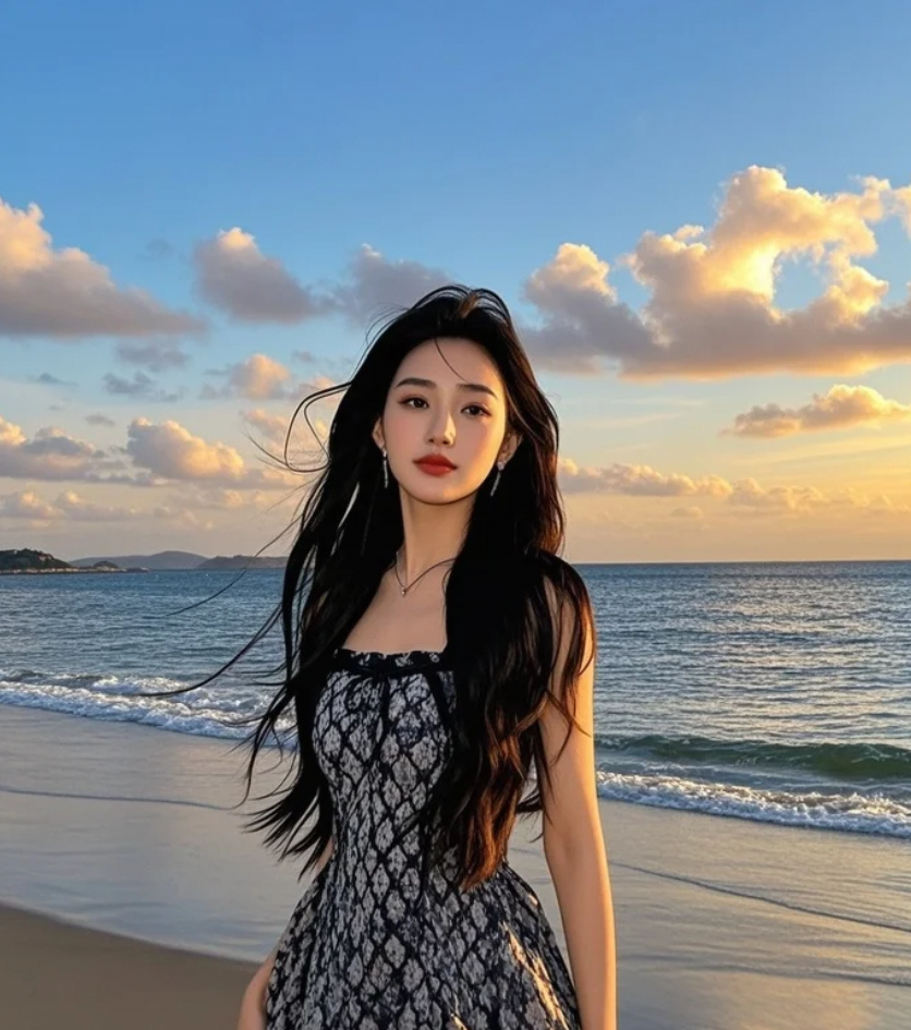 海风轻扬她的长发，也扬起了嘴角的笑意