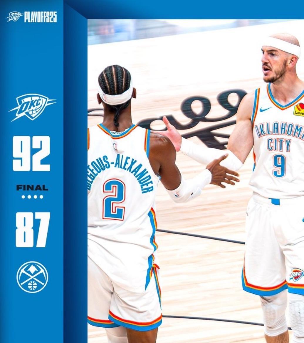 5月12日NBA季后赛西部半决赛第四轮战报（1场）：
雷霆92-87掘金（大比分