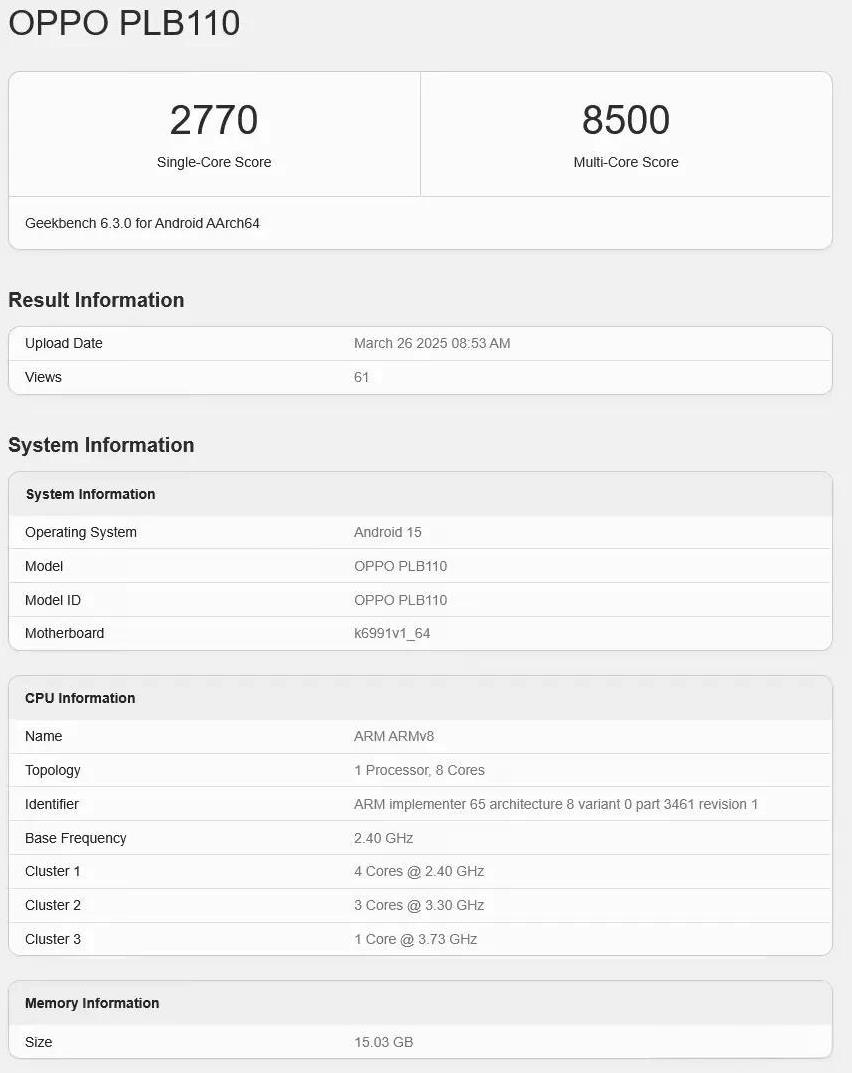 OPPO Find X8S/X8S+手机跑分被曝光
近日，有媒体报道称型号为PL
