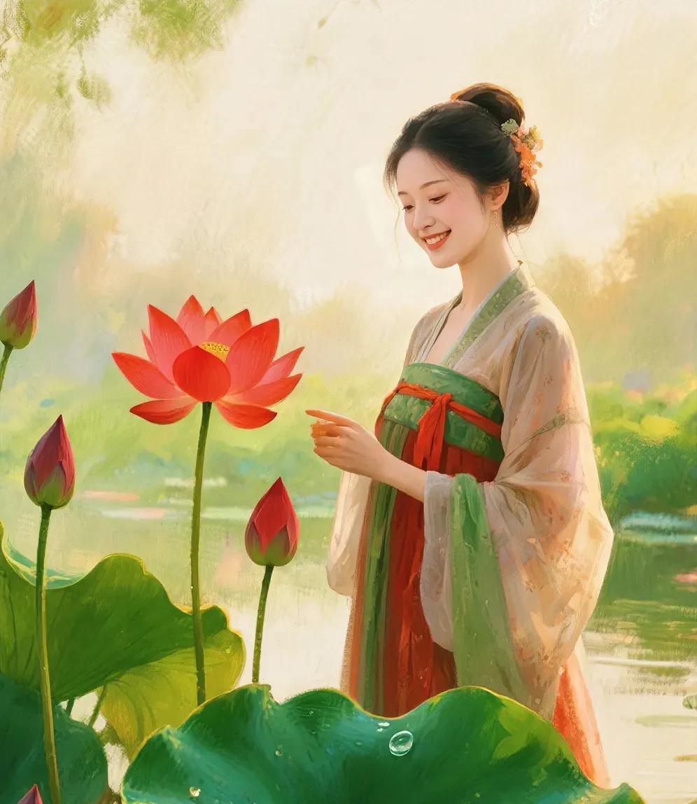 一丝温婉逢荷言，
千娇不染枕花眠。
玉珠滚落心中爱，
………………
轻邀荷花陪着