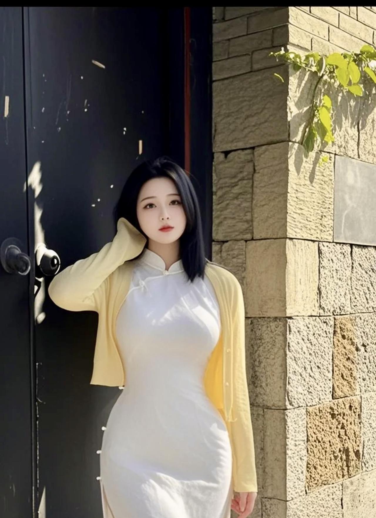 七律·走出大院的女孩
素旗袍韵逸清姿，浅杏开衫映日时。
乌发如丝添秀色，朱唇似火