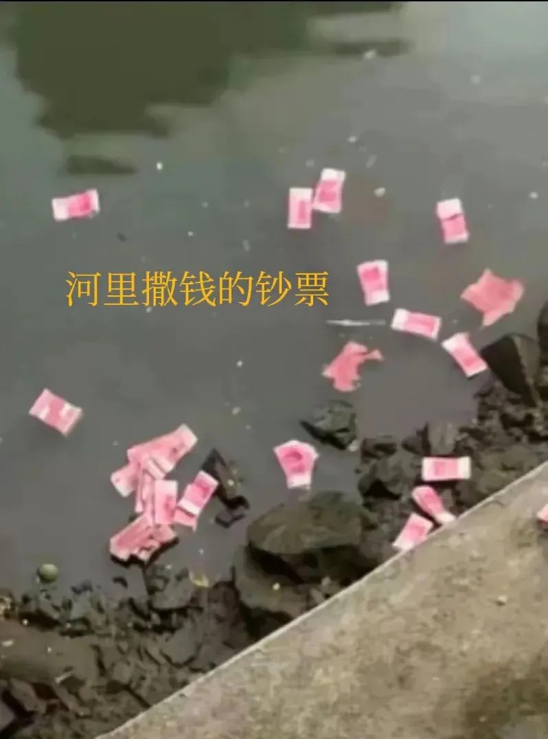 百万钞票撒落河里，事发深圳宝安区新圳河，有一男子淡定在河边捡钱，表情就跟捡鱼似的
