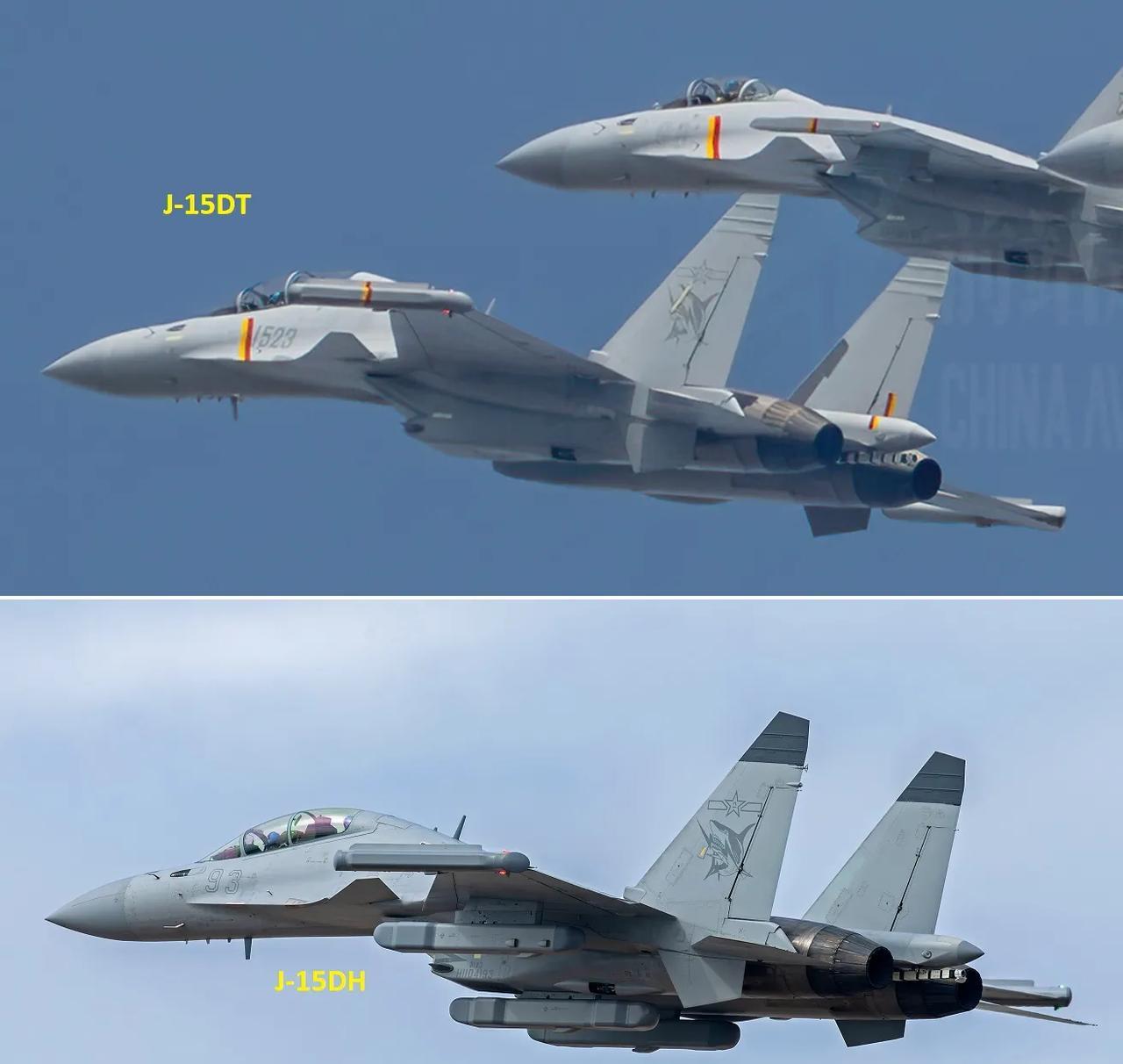 参加九三胜利日阅兵空中编队训练的歼-15DT，和去年参加珠海航展的歼-15DH战