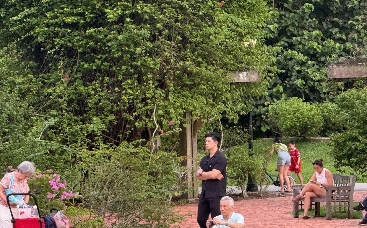 李显龙现身公园玩摄影，他的身边跟着几位保镖和助理，他看起来苍老了好多，完全没有了