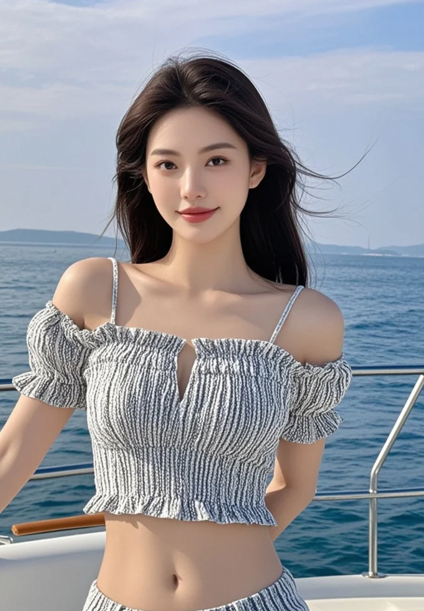 游艇甲板上，她是那抹让人难忘的绝色美女