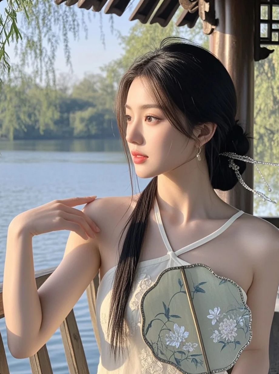 她站在湖边，像一场未醒的梦