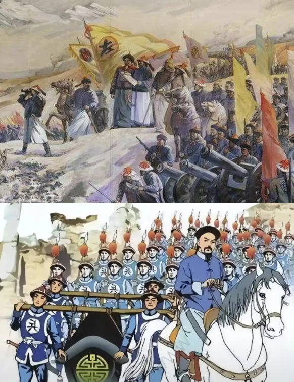 上下两图，哪幅图更符合左宗棠收复新疆的真实情况？必然是上图…

上图的清军配置是