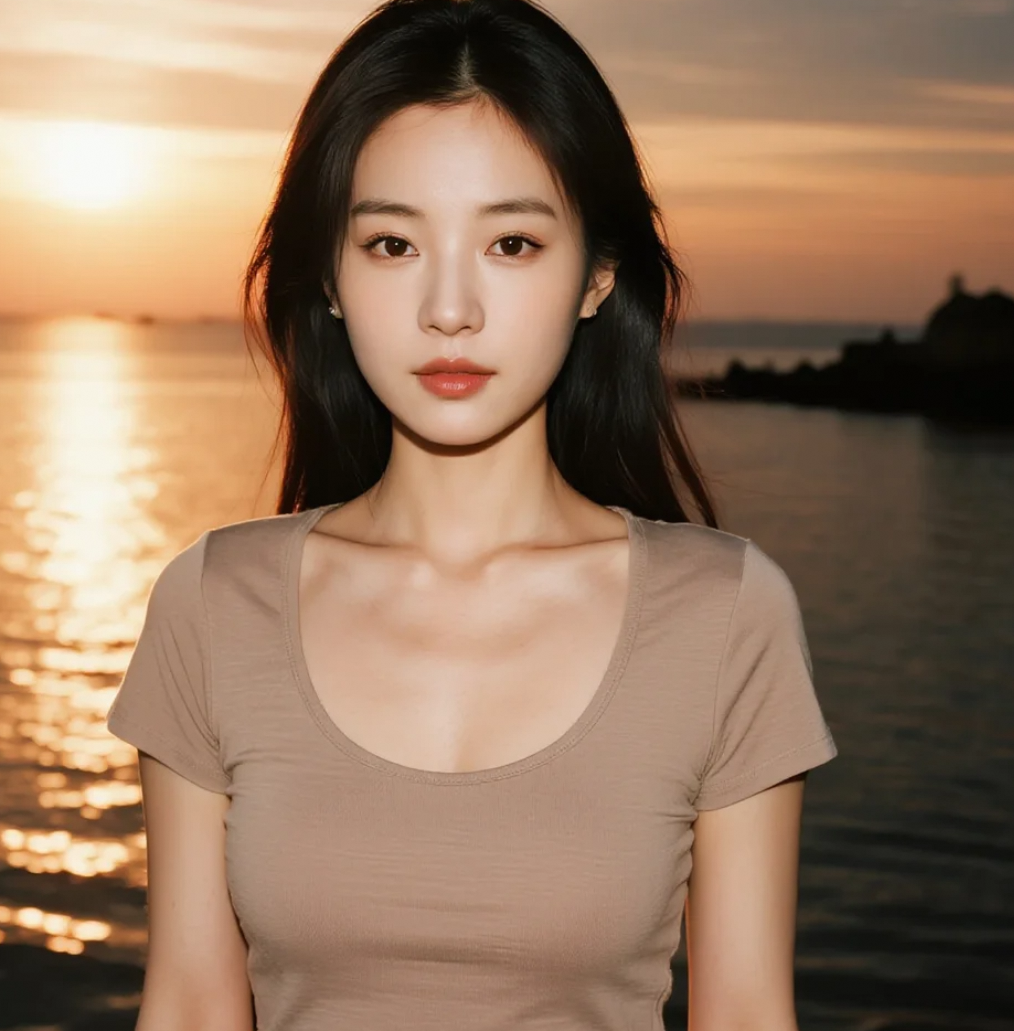 落日余晖里的微笑：海边的现代伊人