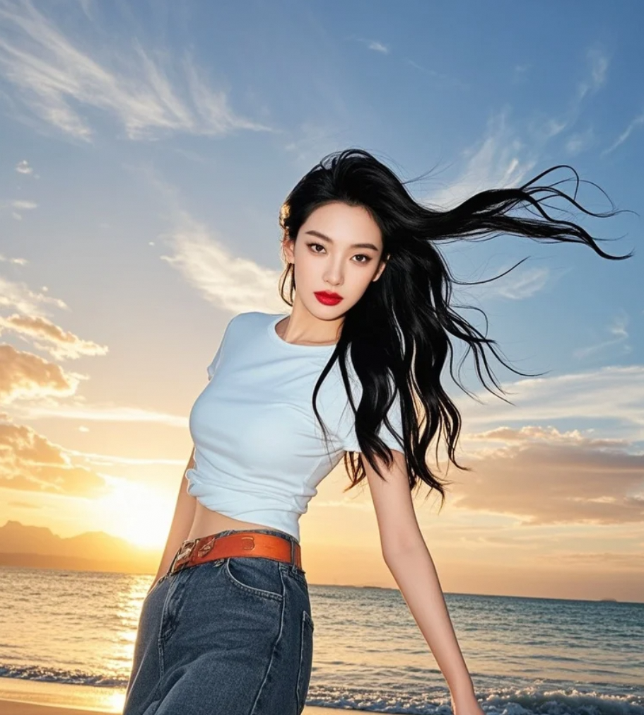 蓝天白云间，她的明艳红唇与晚霞相映成辉