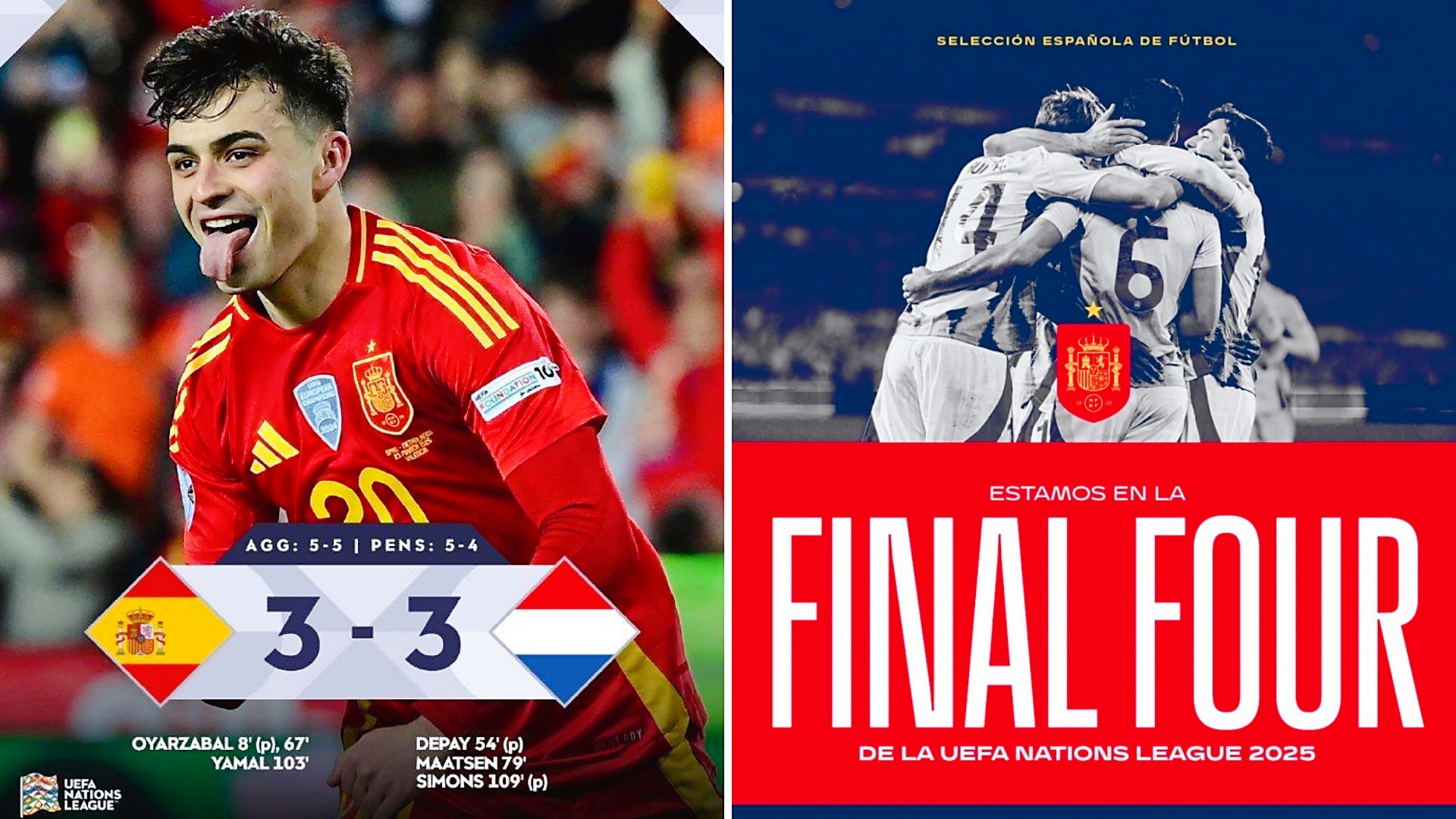 欧国联：西班牙主场2-2战平荷兰，加时3-3，点球5-4闯入四强。
西班牙三度领