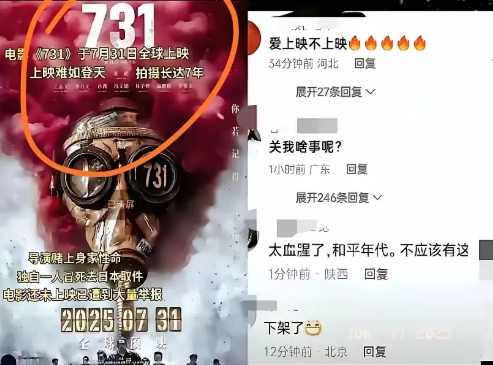 炸出了一堆日奸
​原定在7月31日
准备上映的电影《731》还没上映就遭到了抵制