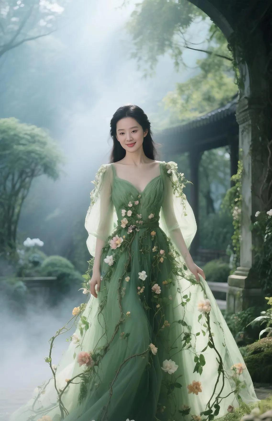 谁能拒绝仙女刘亦菲！当她身着绿野仙踪长裙现身园林，那画面美到窒息。36岁的她，摒