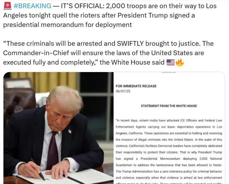 特朗普签署总统备忘录部署军队，将有2000名士兵前往洛杉矶平息骚乱者。