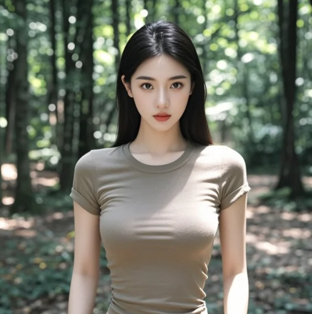 她站在树影斑驳间，美得像是从画中走出