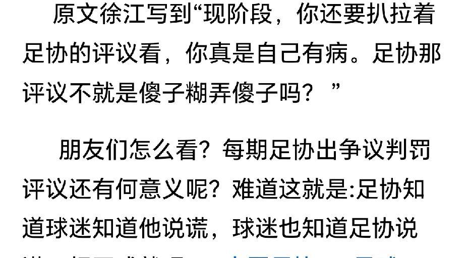 “现阶段，你还要扒拉着足协的评议看，你真是自己有病，足协那评议不就是傻子糊弄傻子