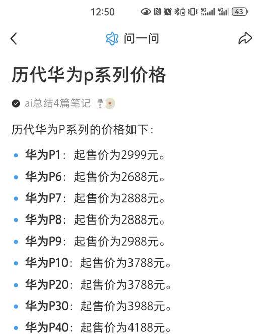 P系列手机价格对比

华为P系列这是价格一路飙升，p和mate系列不是一直都