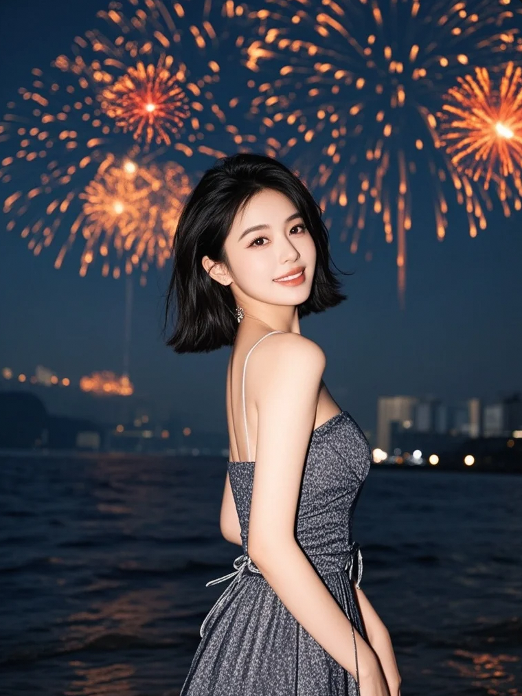 夜色迷离，她在烟火中若隐若现