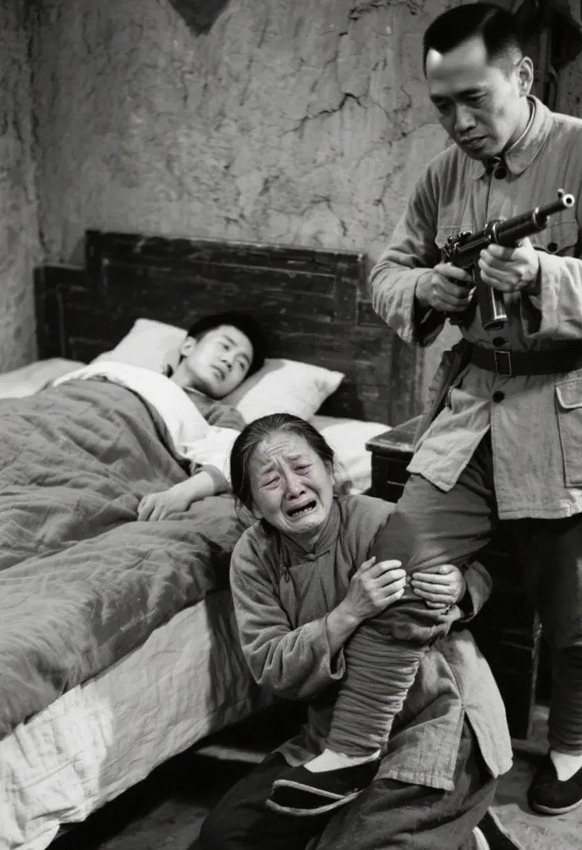 1947年，农妇瞅着躺在床上的地下党，“噗通”一声跪在地上，抱着还乡团头子的大腿