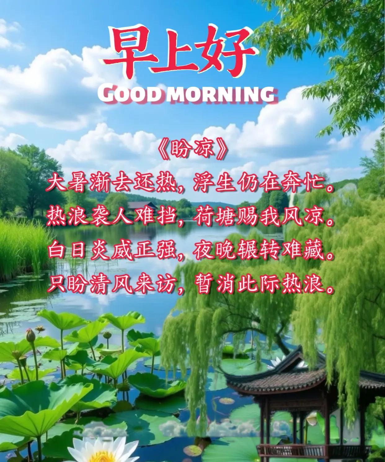 朋友：早上好！
《盼凉》
大暑渐去还热，浮生仍在奔忙。
热浪袭人难挡，荷塘赐我风