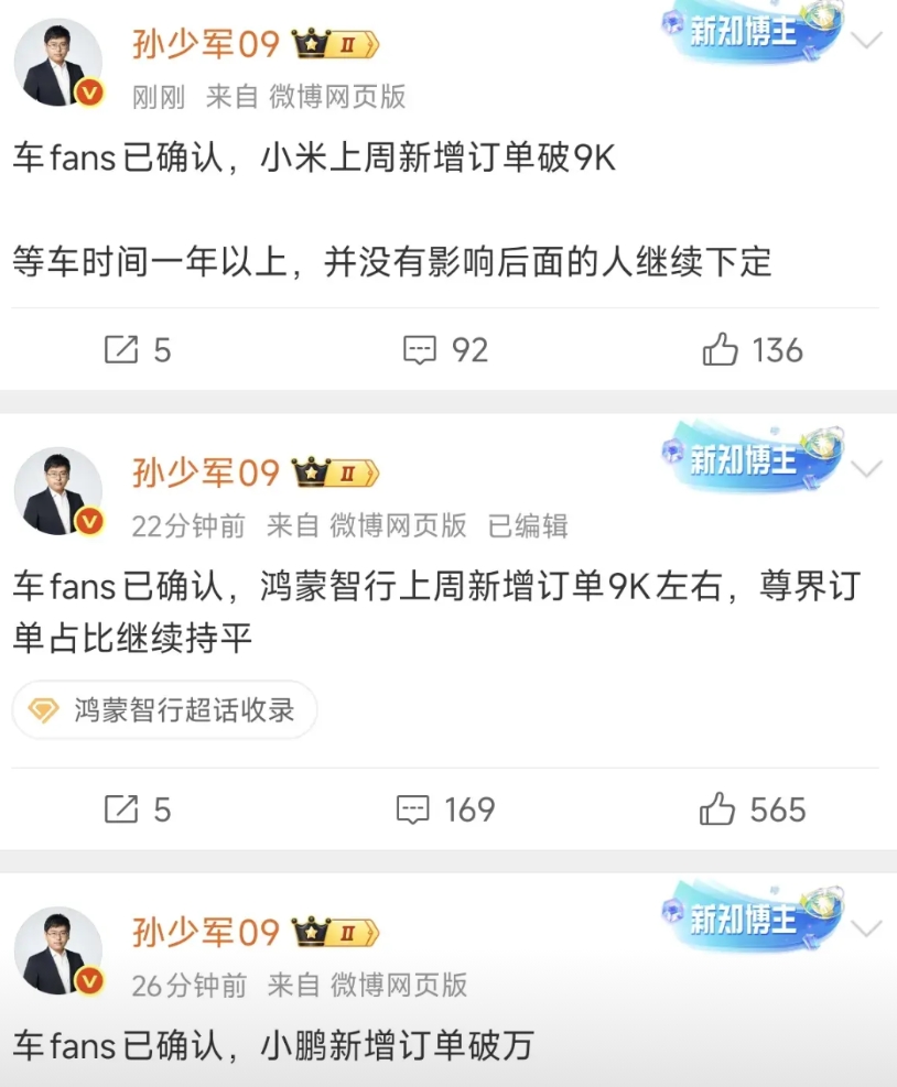 新一周孙少军周销量数据来了。卖车的告诉你，不是不能等待，只是因为不够爱
1、小米