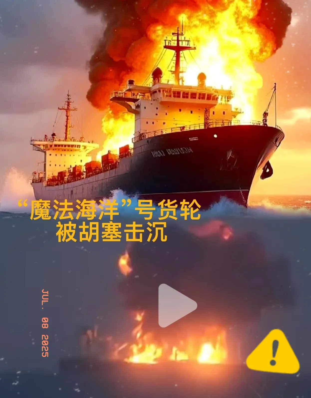 万万没想到，
中东局势又爆猛料！
也门胡塞武装在7月8日宣布成功击沉“魔法海洋”