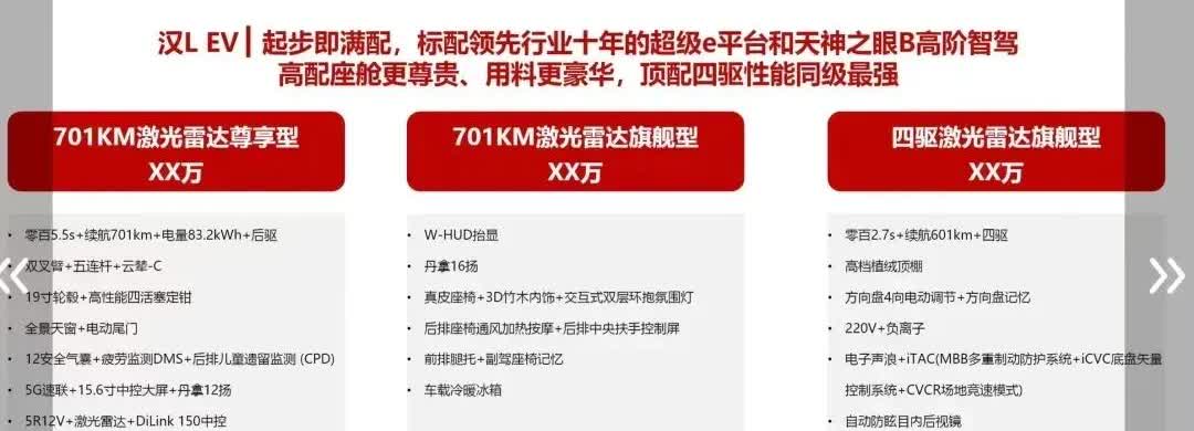 汉Lev和唐dm的配置表曝光了。
其实没有丐版概念，入门配置就很高。
续航2