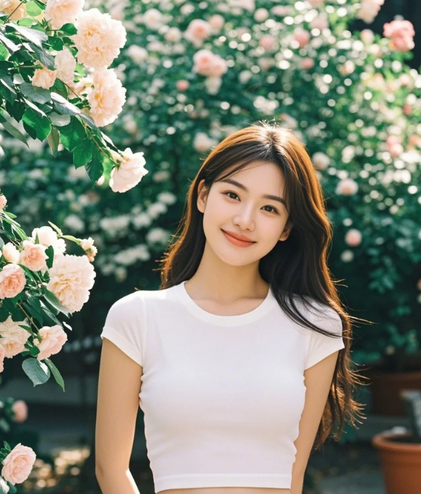 日光斑驳穿叶隙，花荫之下立仙姿