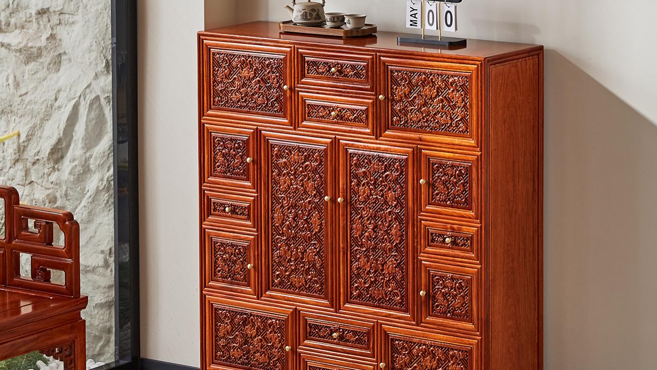 中式家具，缅甸花梨木，蝠纹多宝阁万福柜