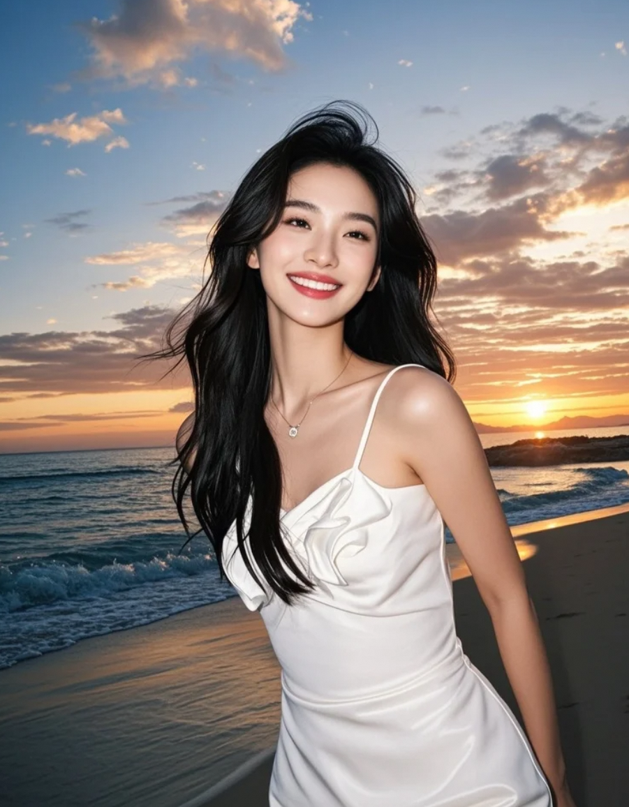 海风梳着长发，晚霞吻着白裙，心随景动