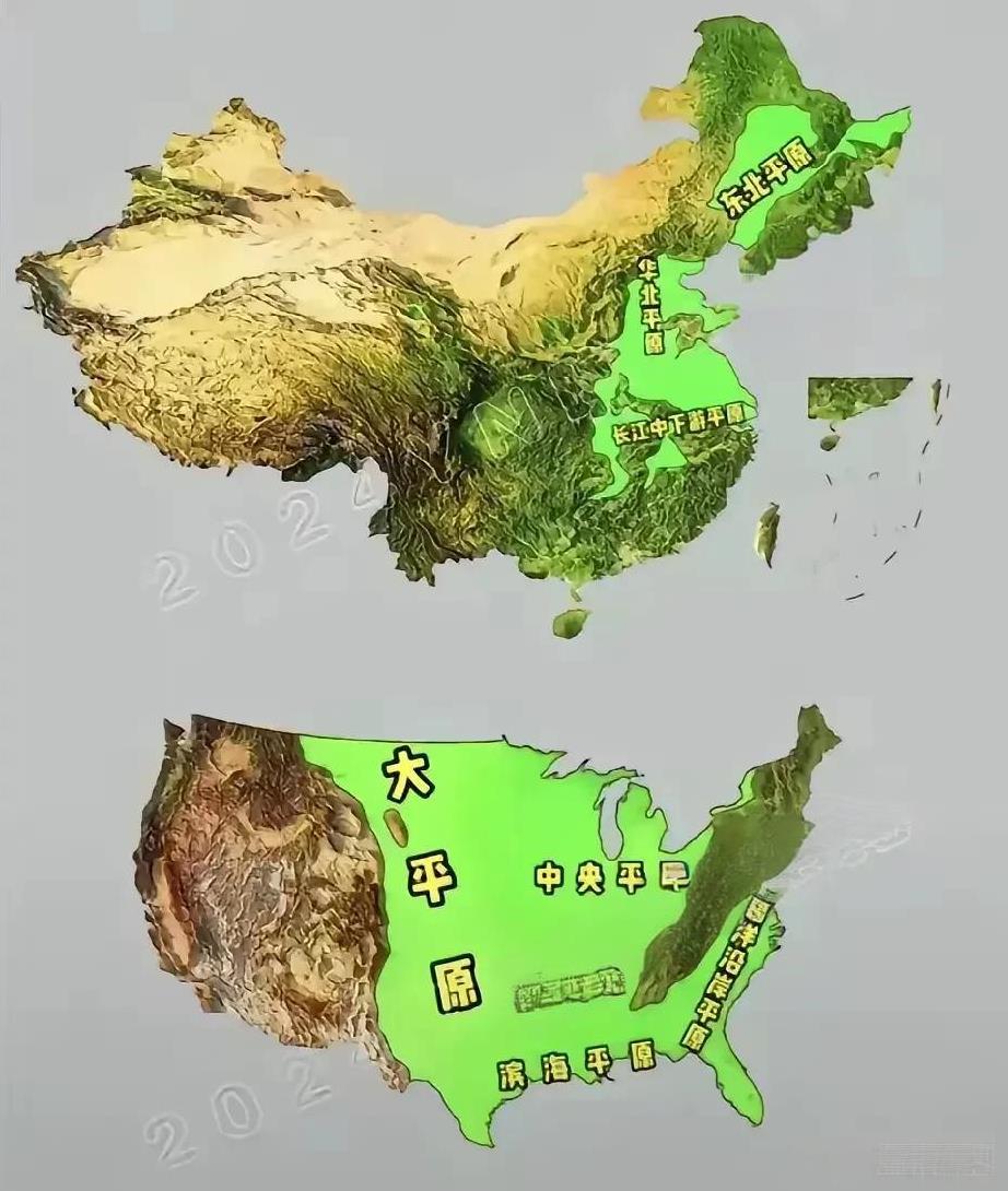 看完中国和美国的地形图，无不感慨，美国这地方太好了，拥有大块的平原，适合居住和工