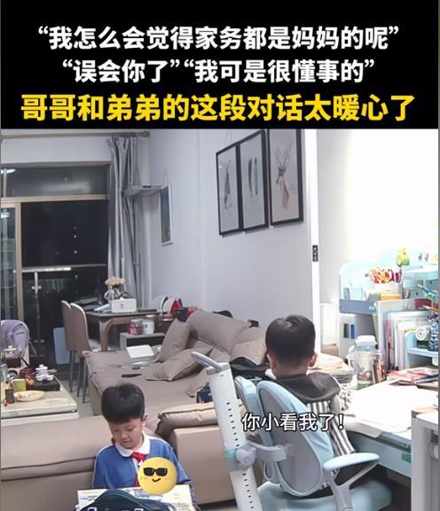 这个画面好有爱！弟弟帮妈妈做了家务后向哥哥炫耀展示自己当天的劳动成果，哥哥也很捧