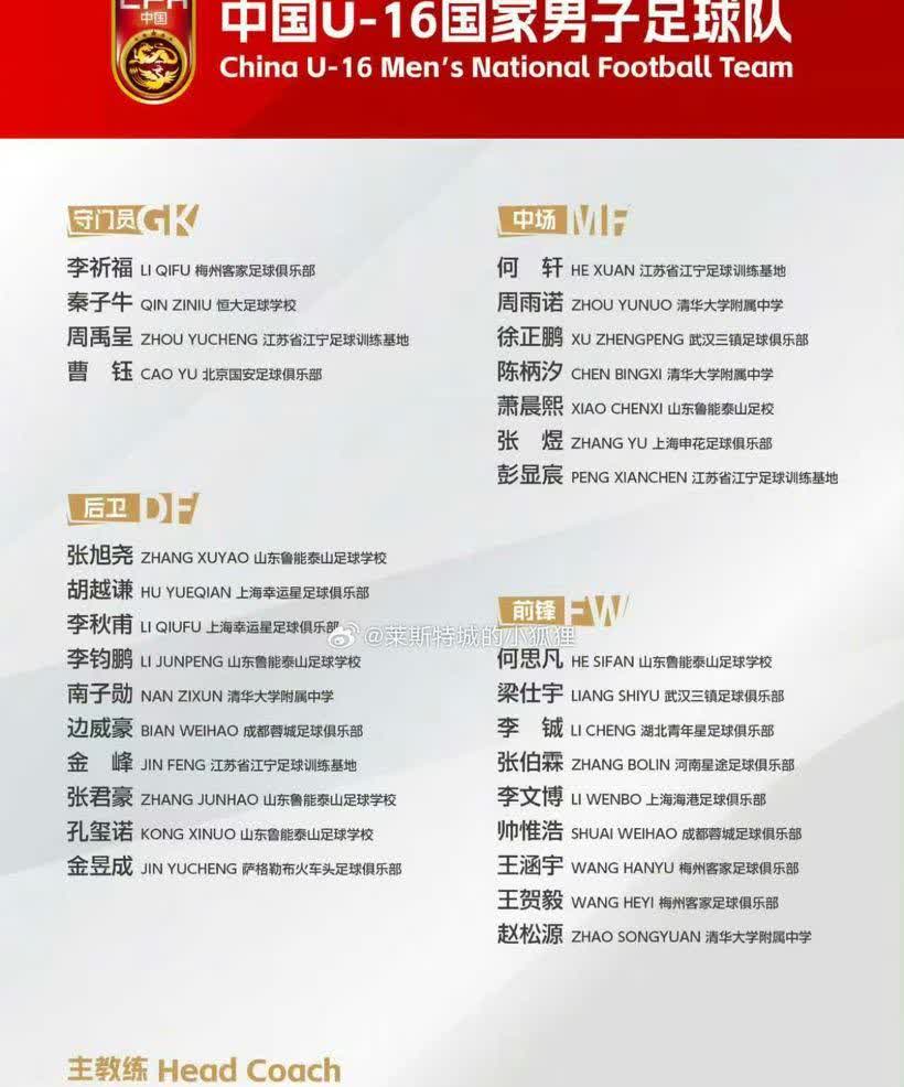 备战U17亚洲杯预选赛（11月进行），新一期U16国少名单出炉（9月30日-10