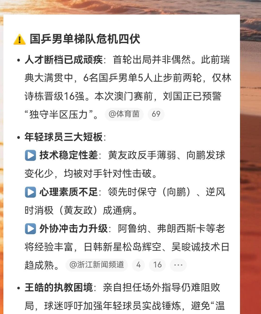 国乒男单的实力不行了。
特别是年轻的选手。
技术不太稳定，领先时保守，逆风时消极