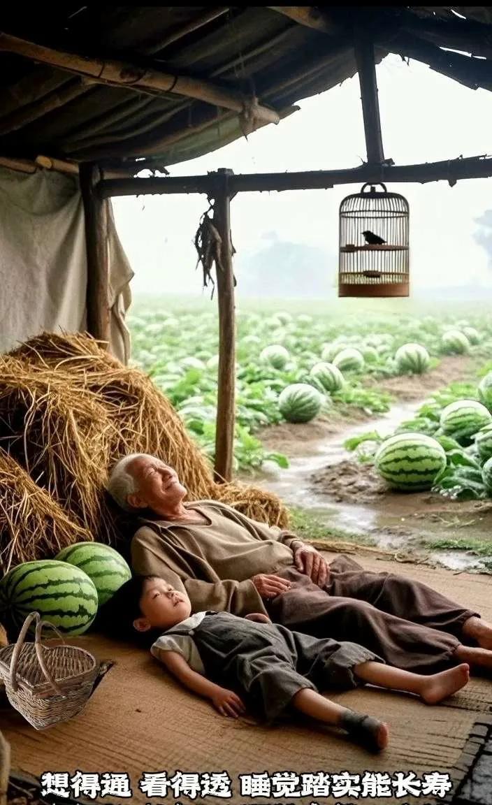《田园憩》其一
瓜田棚下卧，老少梦同悠。
风软催眠意，心宽解百愁。
鸟笼添静趣，
