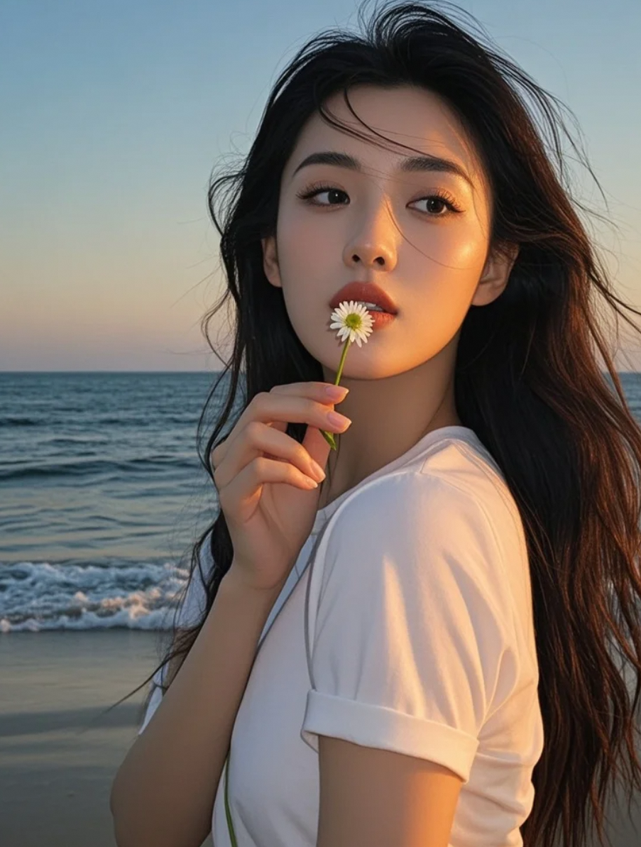 把长发盘起又散开，碎发在夕阳里像燃烧的细小火焰