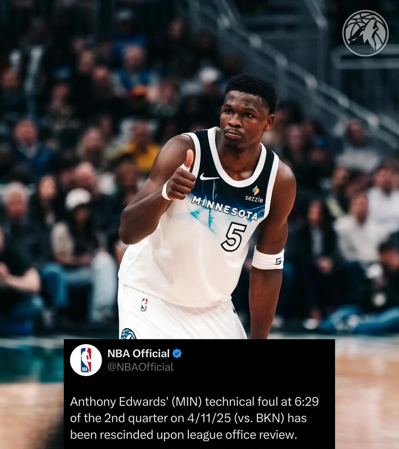 华子技犯被撤销，森林狼有望直接锁定西部前六！
NBA官方宣布，撤销对爱德华兹在昨