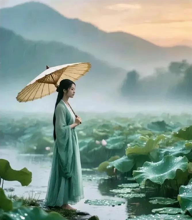 荷雨间，隔季的相逢之殇
等风，等雨，也等你
我细数着荷叶上滑落的雨滴
滴答，滴答
