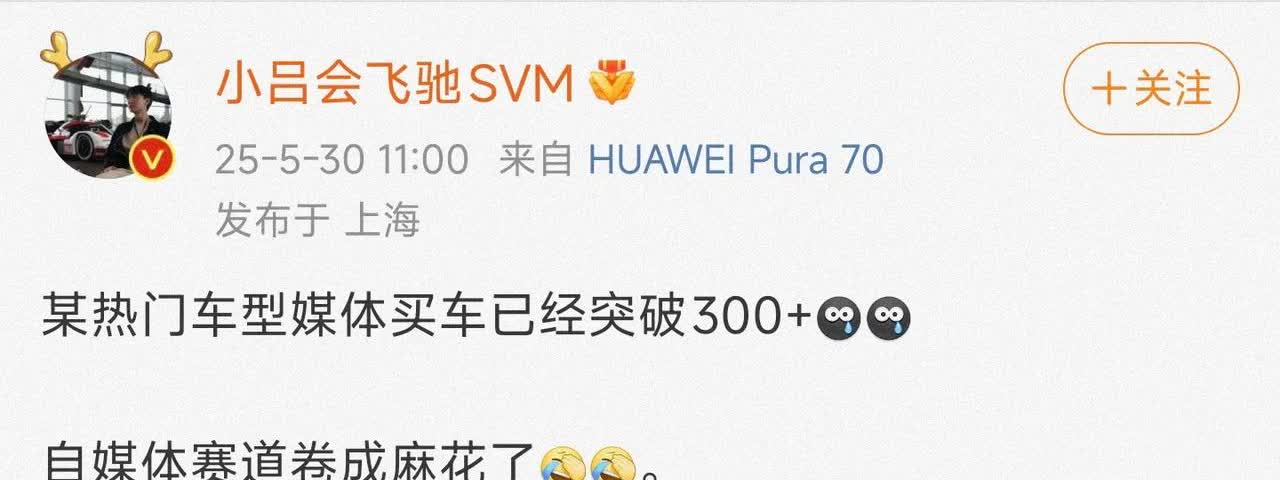 博主：

某热门车型媒体买车已经突破300+

自媒体赛道卷成麻花了[捂