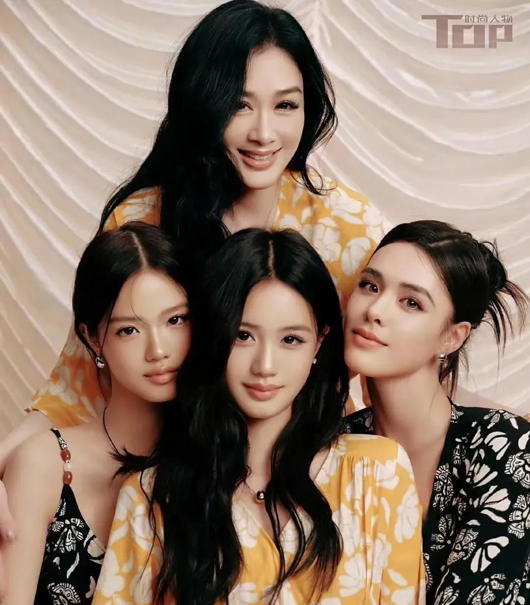 钟丽缇和她的三个女儿。
娱乐圈中，生了三个女儿的女明星少之又少，而且三个女儿都美