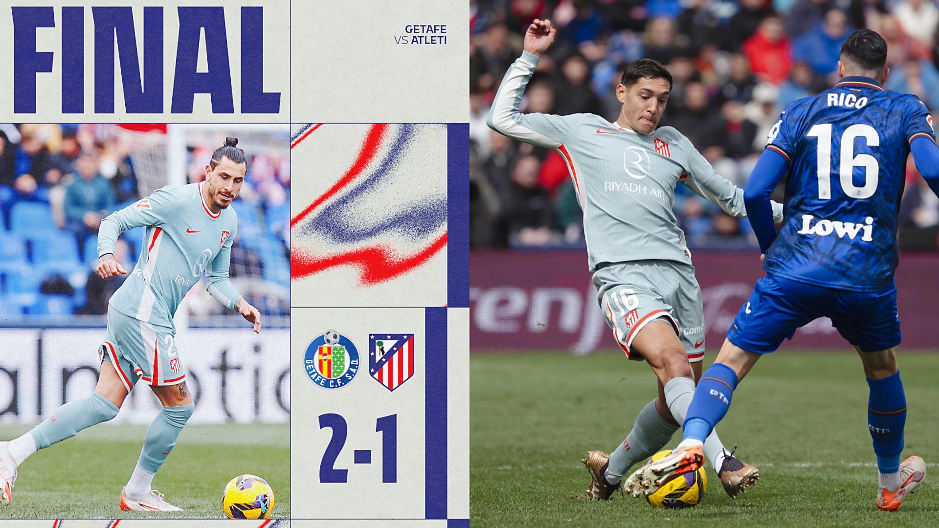 西甲：十人马德里竞技客场1-2负于赫塔费，无缘登顶。
索尔洛特点球命中，科雷亚直