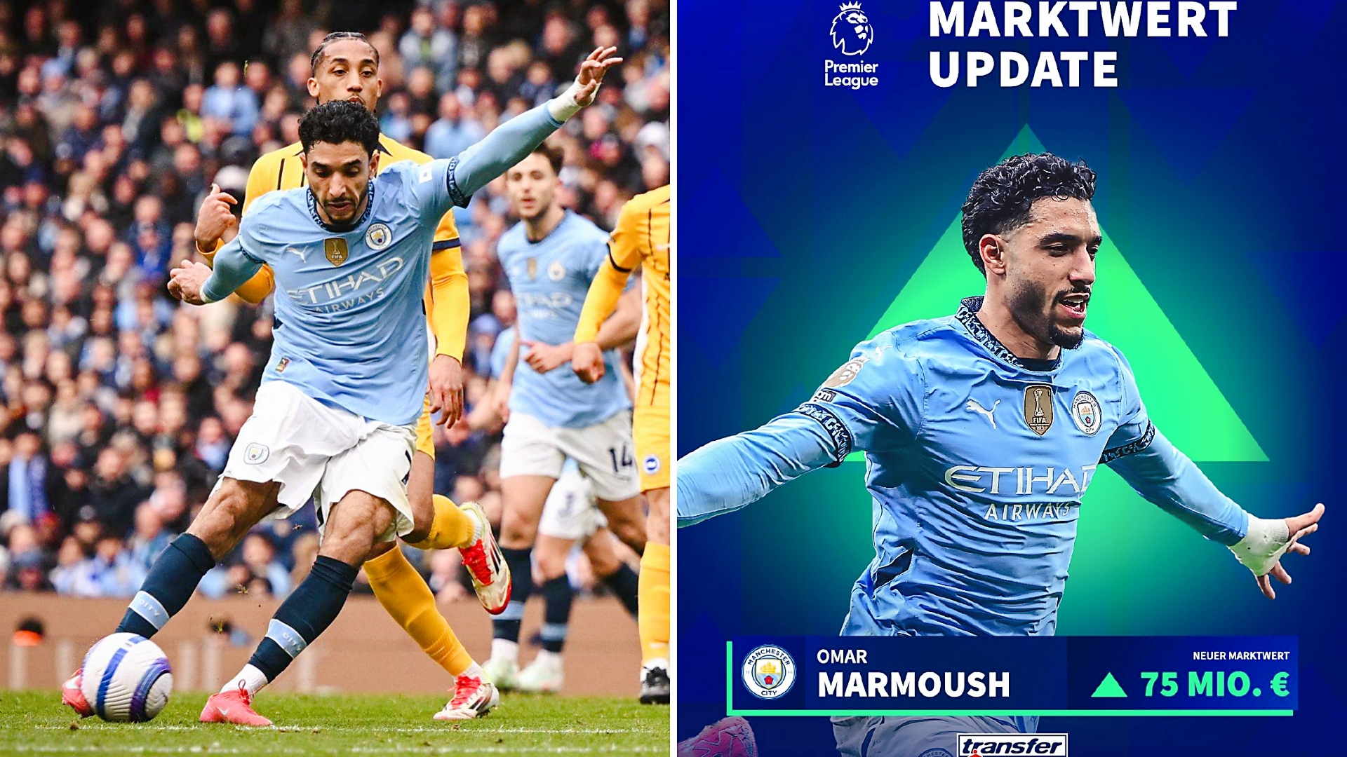 根据德转更新球员身价，曼城冬窗新援马尔穆什身价上涨达到7500万欧，1年暴涨53