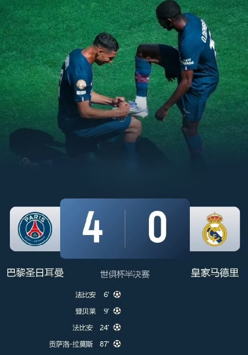 半决赛：巴黎4-0轻取皇马晋级，决赛将战切尔西！登贝莱传射，法比安双响，阿森西奥