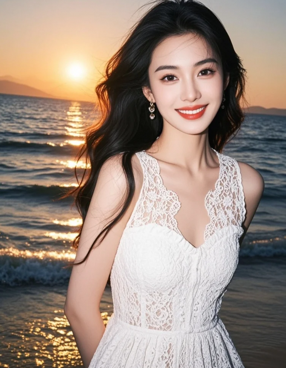 沙滩上，她与夕阳的私语，裙摆是沉默的见证