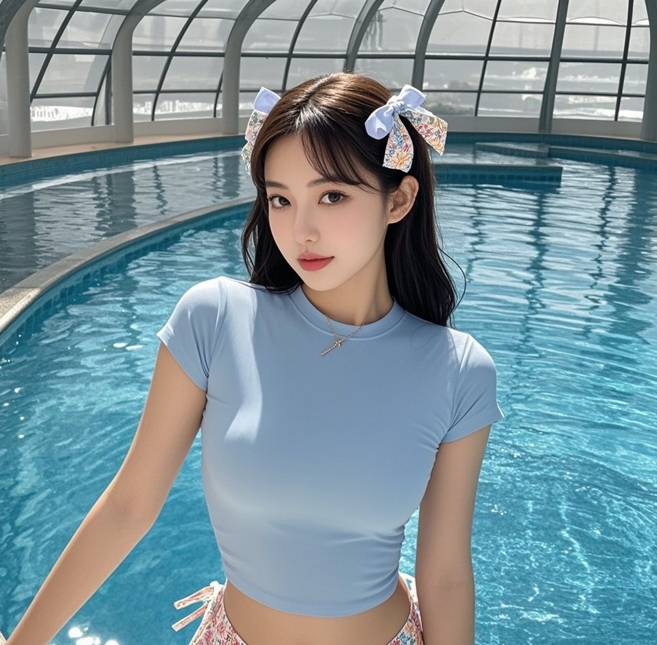 娇俏佳人泳池写真，水波荡漾映衬绝美身姿