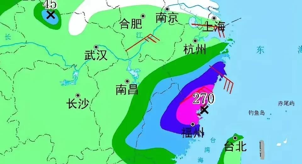天中央电视台天气预报时候放出的一张降雨量图，然后仔细看看台湾的降水线……是不是一