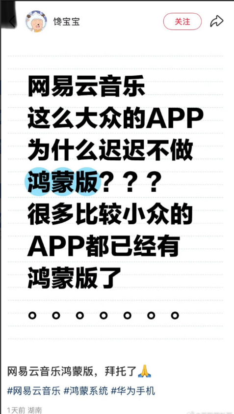 这就是华为鸿蒙生态最大的阻碍！

微信这么大难度都开发了，没想到网易云到现在都没