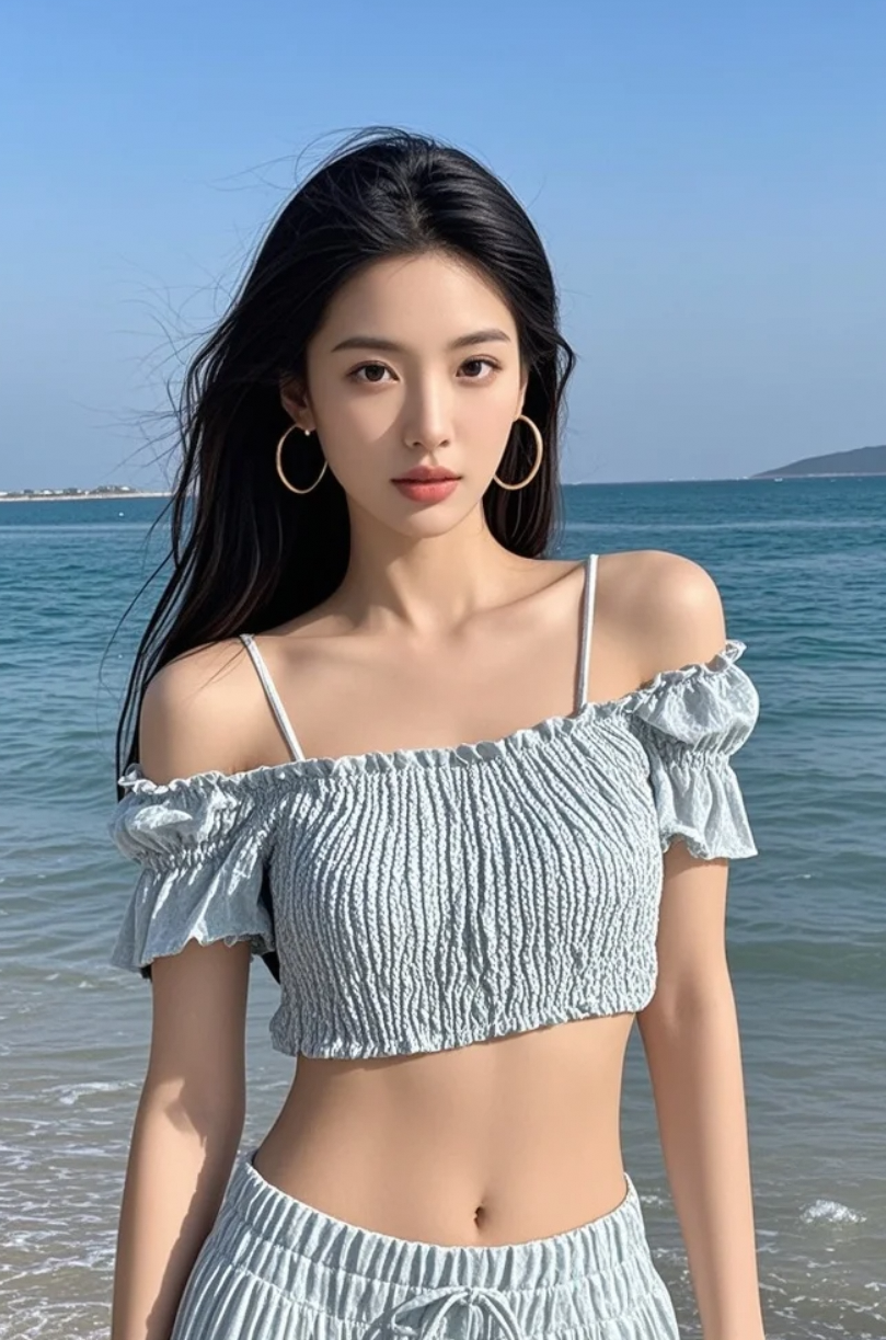 她背对镜头，将倩影留给大海