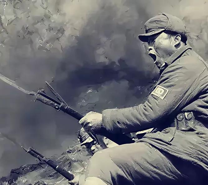 是一张我军士兵和日本鬼子拼刺刀的真实镜头，首先在气势上，这种大无畏的气概就战胜了
