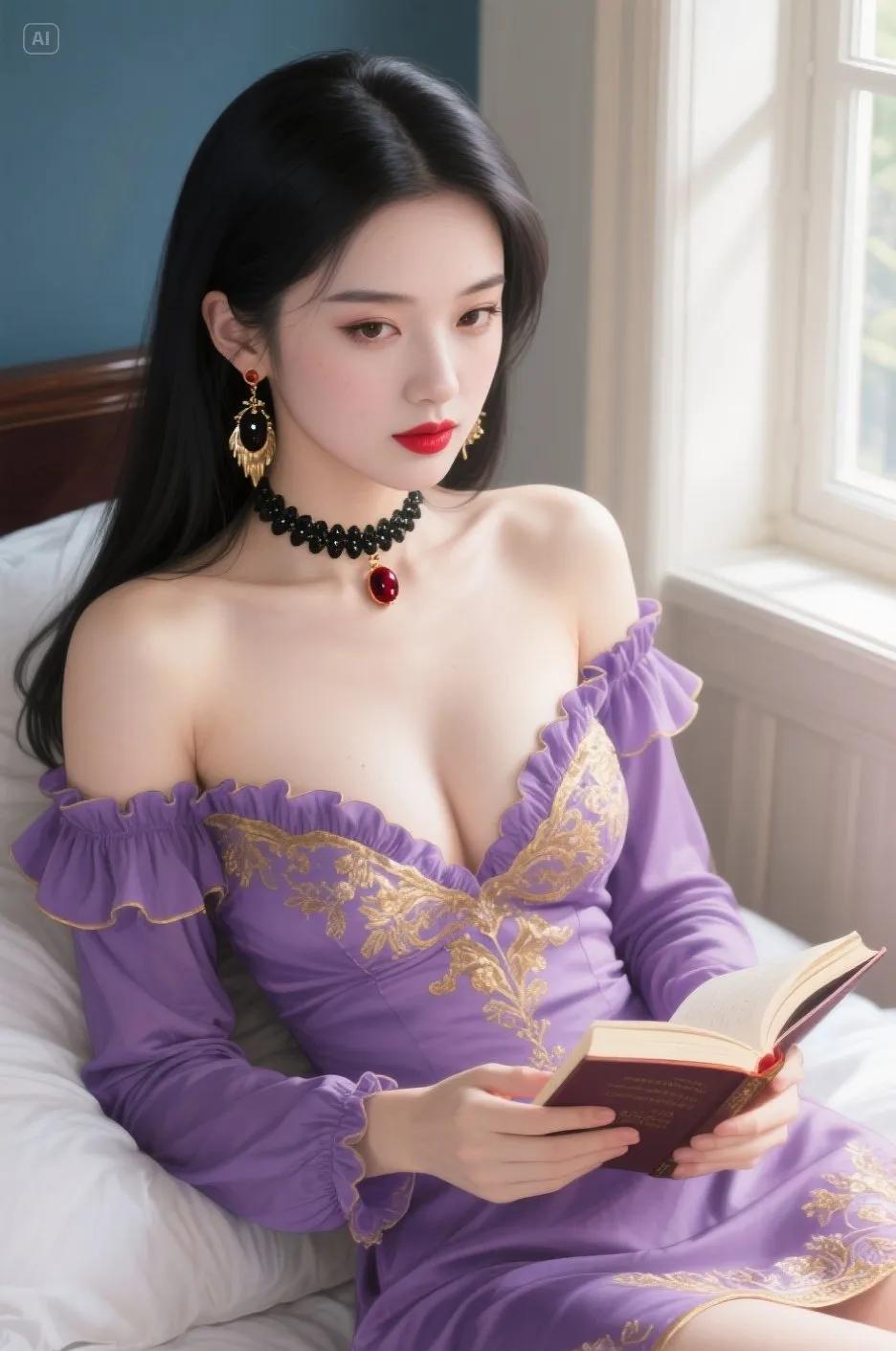 #分享一张随手拍下的惊艳照片#她于窗边卧床，一袭紫裙华美无双。露肩设计搭配荷叶边