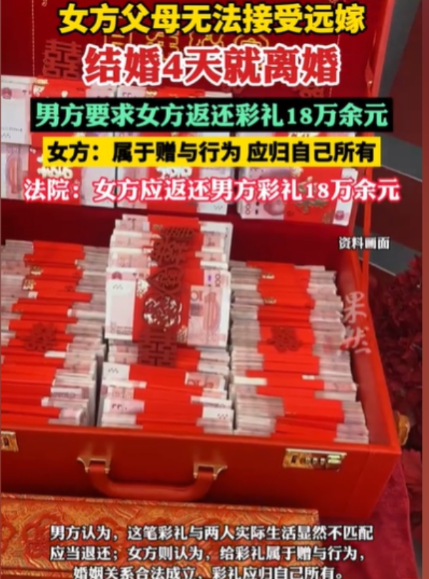 广西柳州，一女子和男子结婚才 4 天，就嚷着要离婚，理由是父母不愿她远嫁。男子无